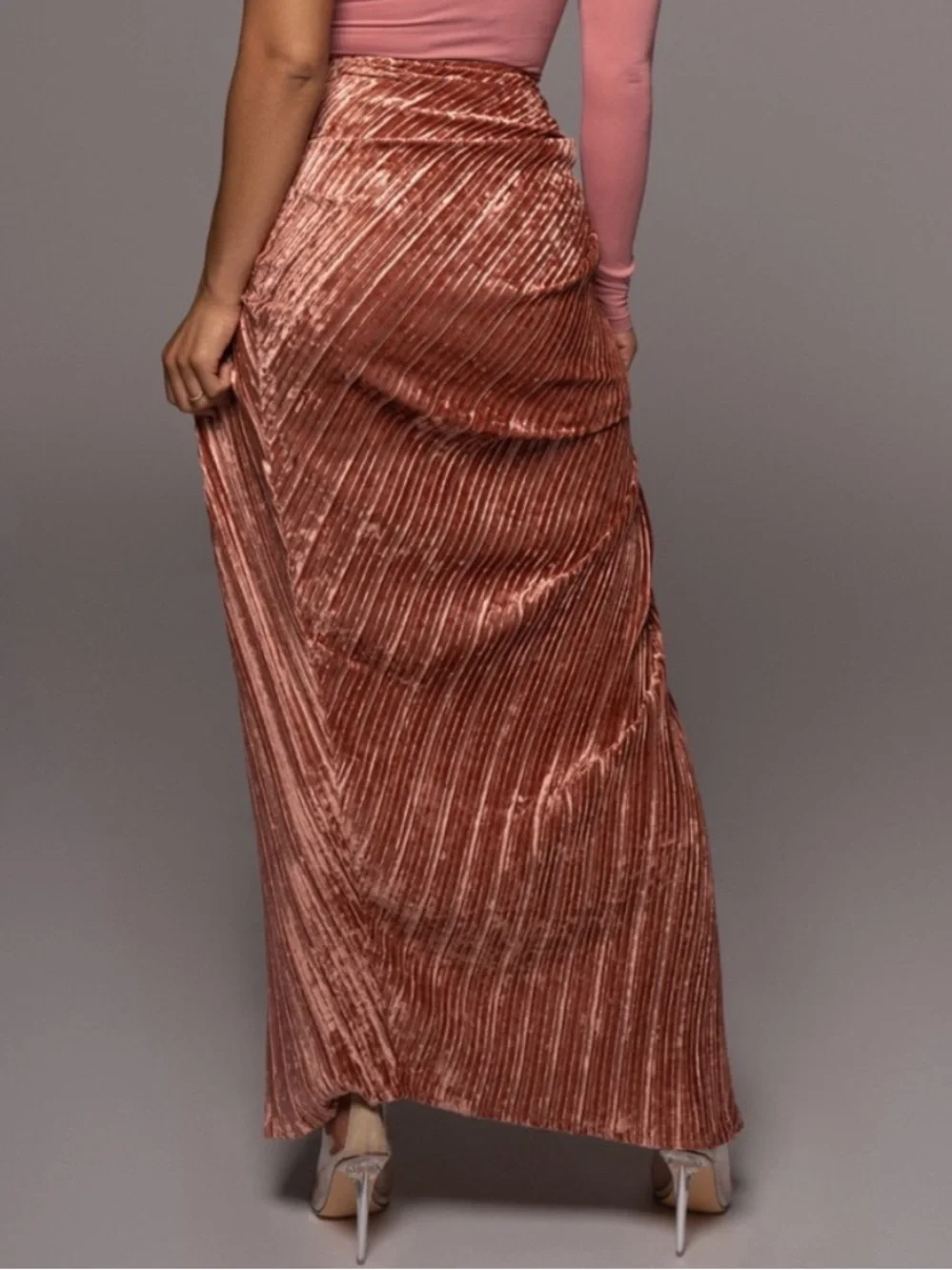 JLUXLABEL Rosewood Crushed Velvet Ruched Maxi Skirt